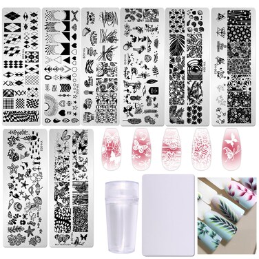 AddFavor Nail Stamper Kit 8pcs Nail Stamping Plates Flower Leaves Geometric Butterfly Image Nail Stencils with Silicone Stamp and Scraper for Women Girls Summer Nail Art Design Supplies Tools