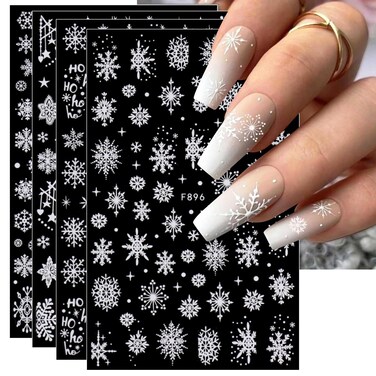 8 Sheets Christmas Nail Art Stickers Decals Self-Adhesive Holiday White Snowflakes Winter Nail Supplies Nail Art Design Decoration Accessories
