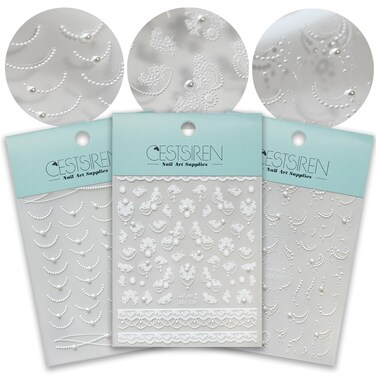 White Lace French Line Nail Art Stickers Pearl Rhinestones Embossed French Line Nail Decals for Nail Art Design Self-Adhesive Nail Accessories for Women Nail Art Supplies 3 Sheets