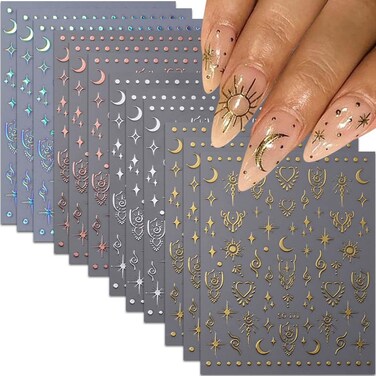 12 Sheets Metallic Nail Stickers Sun Star Nail Art Stickers 3D Self-Adhesive Shiny Laser Gold Silver Moon Rose Nail Decals Holographic Laser Glitter Nail Stickers for Women Nail Manicure Decorations