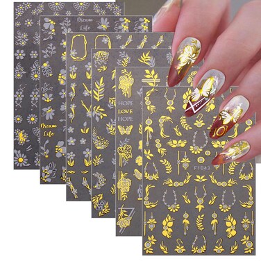 8 Sheets Gold Nail Stickers Flower Nail Decals for Nail Art 3D Self Adhesive Leaf Nail Art Stickers Spring Nail Designs Nail Art Supplies for Women Nail Manicure Decorations