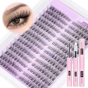 Wispy Lash Extension Kit Natural Lash Clusters Kit C Curl DIY Eyelash Extensions Kit 252 pcs Individual Lashes Clusters Wispy Eyelash Clusters with Lash Bond and Seal at Home Cat Eye Cluster