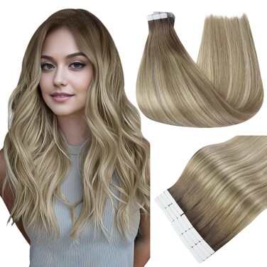 Full Shine Hair Extensions Tape in Human Hair Color 19/8/60 Blonde and Brown Hair Extensions Balayage Tape Ins Extensions Invisible Hair 20pieces Remy Hair Extensions 50grams 16inch for Party