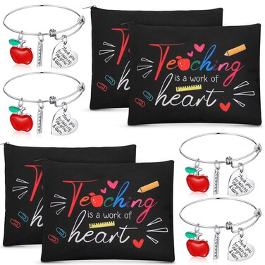 8 Pcs Teacher Appreciation Gift Set for Women, 4 Teacher Makeup Pouch Cosmetic Bags and 4 Bangle Bracelets, Christmas Valentines Thank You Gifts for Teacher (A Work of Heart)