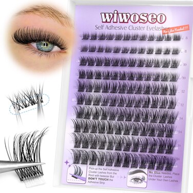 wiwoseo Self Adhesive Lashes Clear Band Lashes Clusters No Glue Needed Self Adhesive Lash Clusters Pre Glued Eyelash Clusters Press on Lashes Reusable Eyelash Extensions without Glue