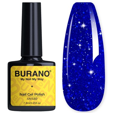 BURANO Glitter Gel Nail Polish, LED UV Nail Gel Shimmer Holographic Effect Soak off Gel Curing Required, No Chip Gel Polish Sparkle Gel Home DIY Nail Salon (Deep Blue LP48)