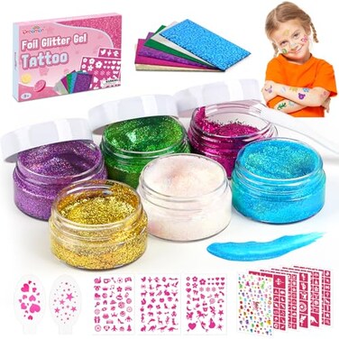 Dreamon No-Mess Temporary Glitter Tattoo Kit for Kids - Glitter Gel &amp; Metallic Tattoo with 300+ Stencils - Birthday Gift for Girls 6-12 Easter Basket Stuffer - Sleepover Party Favors Shimmer Body Art