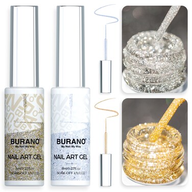 BURANO Holographic Gel Nail Polish Liner Nail Art Polish, Silver Gold Reflective Glitter Painted Gel Nail Design Polish 2 Bottle 8ml, Build in Thin Nail Brush Gel Nail Polish Curing Required LX17 LX13