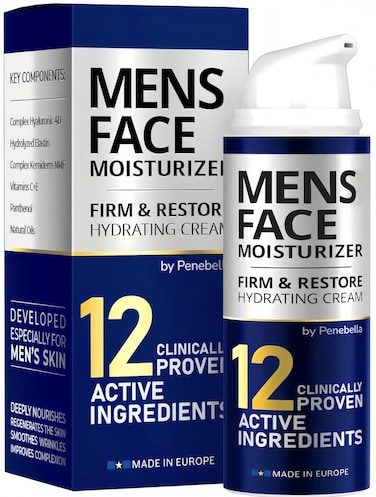 Mens Face Moisturizer - Deep Hydrating &amp; Anti Aging Mens Lotion   Made in Europe   Vitamin C+E, Elastin, Hyaluronic 4D - Mens Face Cream for Daily Use - Eye, Face &amp; Neck Mens Skin Care