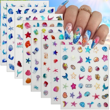 12 Sheets Ocean Nail Art Stickers Summer Nail Decals Holographic 3D Self-Adhesive Beach Nail Sticker Seashell Starfish Mermaid Sea Jellyfish Nail Supplies for Women Girls Acrylic Nails DIY Manicure