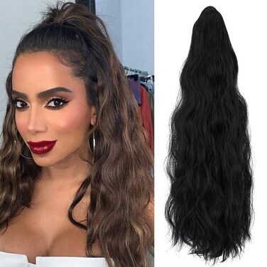 OMGREAT Ponytail Extension Claw Clip 24" Long Wavy Curly Hair Extensions for Women Jaw Clip Ponytail Hairpiece Synthetic Pony Tail (Dark Black)