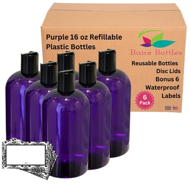 16 oz Empty Plastic Bottles with Squeeze Top for Shampoo Bottles, Lotion Bottle, Hand Sanitizer, 6 Pack, Waterproof Labels, PET, BPA Free USA (Purple with Black Disc, Damask Labels)