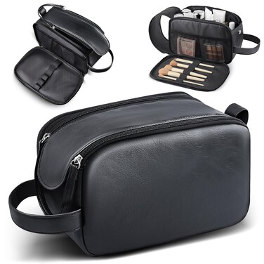 HOTOR Travel Toiletry Bag - Water Resistant Travel Essentials for Women and Men, Compact Leather Toiletries Organizer with Handle, Versatile Cruise Ship Essentials, Black, Medium