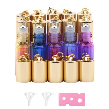 JIUWU 15 Pack 5ml Stainless Steel Ball Roller Bottles with Gold Cap Gradient Color Glass Essential Oil Roller Bottle for Perfume/Aromatherapy/Organic 1 Opener + 2 Funnels