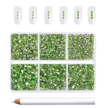 Beadsland 7200pcs Flatback Rhinestones,Light Green Rhinestones Nail Gems Round Crystal Rhinestones for Crafts,Mixed 6 Sizes with Wax Pencil Kit, SS3-SS10,Peridot/Light Green