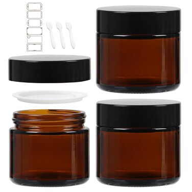 2 oz Amber Round Glass Jars, Pack of 3 with Black Lids, Cosmetics Containers for Face Cream Lotion, Powder, Candle, Spice, Body Butter