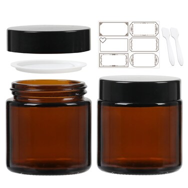 4 oz Amber Round Glass Jars, Pack of 2 with Black Lids, Cosmetics Containers for Face Cream Lotion, Powder, Candle, Spice, Body Butter