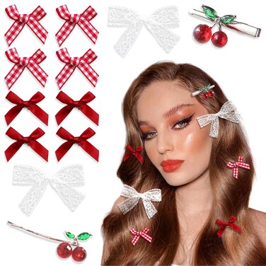 Red Bow Hair Clips 12PCS Coquette Bows Cherry Hair Pins Lace Hair Bows Plaid Mini Bow Clips Cute Gingham Hair Bow Y2k Hair Clips for Girls Women