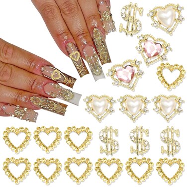 Gold Heart Nail Charms Shiny 3D Dollar Sign Nail Charms Alloy Crystal Nail Pearl Rhinestones for Nail Art and DIY Crafts Decoration