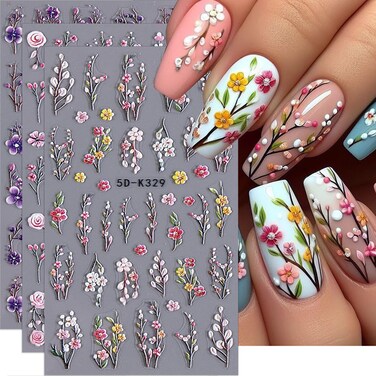 Flower Nail Art Stickers 5D Flowers Nail Decals 3PCS Self-Adhesive Spring Nail Design Stickers Purple Yellow Rose Flower Nail Art Supplies Plant Flower Nail Stickers for Women DIY Nail Art Decorations