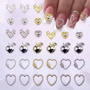 30Pcs Love Heart Nail Art Charms 3D Silver Gold Nail Rhinestones Love Heart Nail Gems Alloy Love Heart Nail Diamonds Valentine's Heart Nail Jewelry Peach Nail Jewel for Women Acrylic Nail Supplies