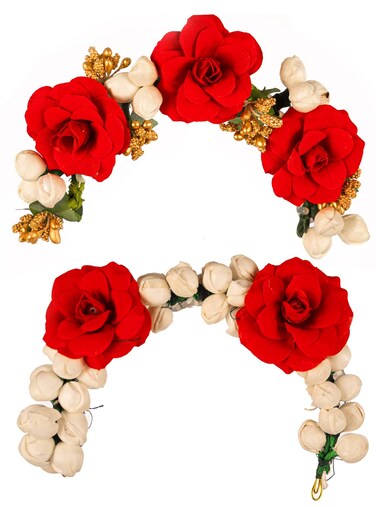 Gajra Artificial Flower Hair Bun Accessories Indian Handmade Hair Ornament for Women Partywear Marriage Mehndi Festival Gifting (Mogra and Rose Gajra -Set of 2)