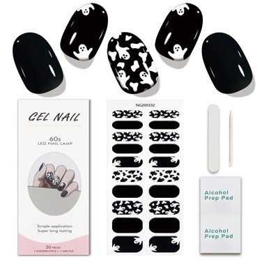 JMEOWIO Gel Nail Stickers Halloween Black White Cute Ghost Semi Cured Gel Nail Strips Wraps UV/LED Nail Supplies Nail Art Design Decoration Accessories