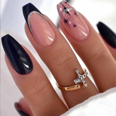 Coffin False Press on Nails Black Acrylic Fake Nails for Girl Full Cover Wear Finger Glossy Nail Bling Design Art Tips for Women and Girls 24 pcs
