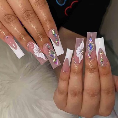 White Press on Nails Artificail Extra Long, French Square Fake Nails, Crystal Flowers Nails Acrylic Full Cover Long Fake Nails with Design Nail Tips for Women&amp;Girls-24PCS