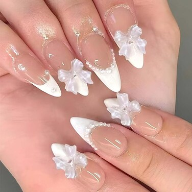 Press on Nails Almond Medium Pearl White Fake Nails French Glossy 3D False Nail Tips Artificial Nails Finger Manicure for Women&amp;Girls -24 pcs