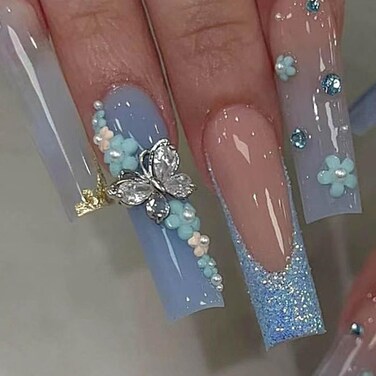 Butterfly Blue Fake Nails Square French Press on Nails Long Bling Glossy Rhinestone False Nail Tips Artificial Nails Finger Manicure for Women and Girls,24pcs