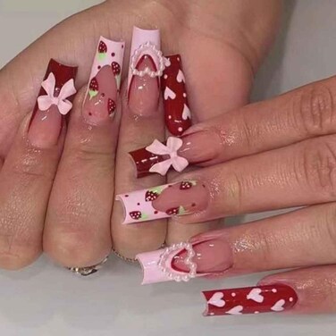Press On Nails - Long Rhinestone Pink &amp; Black Square Bling Glossy 3D Flower False Nails - 24pcs (Long Nails 3)