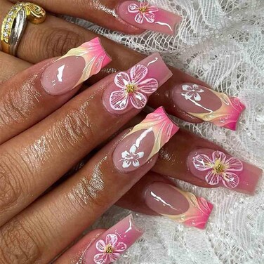 French Press on Nails Medium Long Pink Fake Nails Square Bling Glossy 3D Flower Design False Nail Tips Artificial Nails Finger Manicure for Women and Girls-24pcs