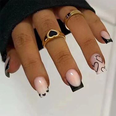 Black French Tip Press on Nails Medium Square Fake Nails Heart False Nails with Designs Full Cover Acrylic Stick on Nails Glossy Glue on Nails Reusable Cute Artificial Nails for Women Manicure 24pcs