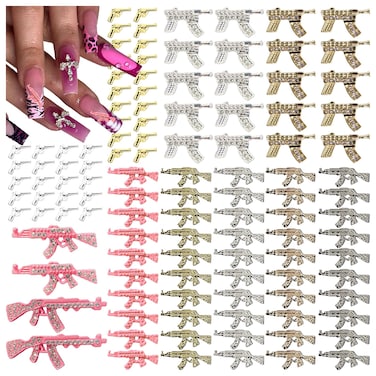 114PCS Gun 3D Nail Charms for Acrylic Nails, Gold Silver Alloy Nail Gems Small Pistol Machine Gun Nail Accessories, Nail Rhinestones for Nail Art Supplies Manicure Craft DIY