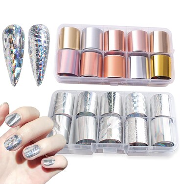 SILPECWEE 20 Rolls Metallic Nail Foil Gold Nail Stickers Laser Silver Nail Decals Nail Transfer Foil Holographic Nail Art Foil Foil for Nails Manicure Design for Acrylic Nails Decoration
