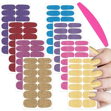 SILPECWEE Glitter Nail Polish Strips Nail Wraps for Women Adhesive Gel Nail Strips Nail Polish Stickers for Nail Art Accessories Fingernail Manicure Sticker with 1pc Nail File (8 Sheets)