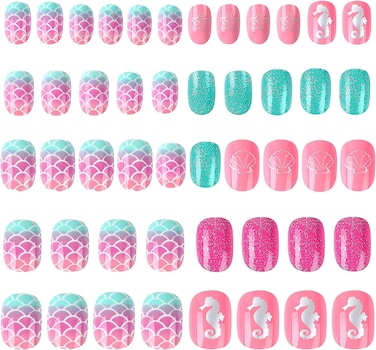 JANYUN 48 Pcs False Nail Stick on Nails Kids Full Cover Short False Nails Children Nails Gift for Kids Little Girls Nail Art Decoration