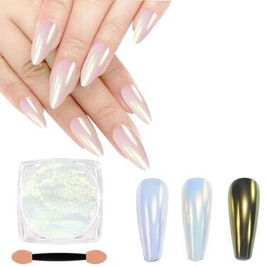 SIUSIO 1g Aurora Chrome Nail Powders, White Pearl Nail Powder Iridescent Glitter Dust High Gloss Mermaid Pigment Powder for DIY Nail Art Decorations,Resin Craft-Gold