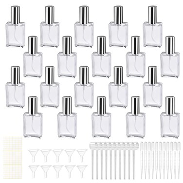 20 Pcs 15ml Clear Glass Fine Mist Atomizer Spray Bottles with 10 Funnels 10 Droppers 10 Dispensers Empty Glass Perfume Atomizer Refillable Mini Perfume Bottle for Fragrance Essential Oils