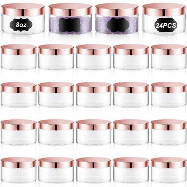 Dandat 24 Pcs Plastic Jars with Lid and Label PET Cosmetic Containers Leak Proof Empty Cosmetic Jars Refillable Storage Travel Containers for Lotion Cream Gel Powder(8 oz,Clear with Rose Gold Lid)