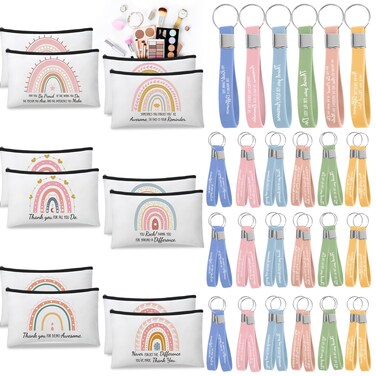Abbylike 30 Set Inspirational Gifts Bulk 30 Rainbow Canvas Makeup Bag for Women Motivational Quotes Cosmetic Bag with Zipper 30 Rainbow Silicone Keychains for Thank You Teacher Employee Appreciation