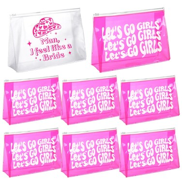 Layhit 8 Pcs Let's Go Girls Bachelorette Makeup Bags Retro Clear Disco Cowgirl Travel Toiletry Case with Zipper Arty Supplies Decorations Gifts for Women