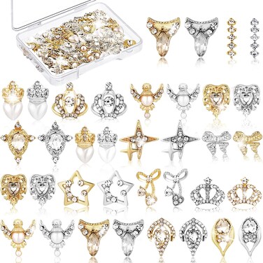 36 Pcs 3D Nail Charms Heart Nail Art Rhinestones Gold Silver Nail Jewelry Pearl Crystal Diamonds Rhinestones Gems for Beauty Manicure Nails Jewelry Making (Crown Style)