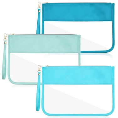 Sanwuta 3 Pcs Preppy Makeup Bag Clear Zipper Pouches for Travel Clear PVC Flat Pouch Nylon Makeup Bags Cosmetic Travel Toiletry for Women Girls(Blue)