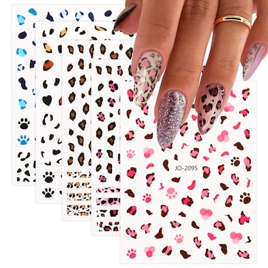 Leopard Print Nail Art Stickers 5 Sheets Nail Decals 3D Self-Adhesive Nail Art Supplies Cute Nails Stickers Designs Pink Blue Brown Leopard Print Nail Accessories for Women Manicure Decor
