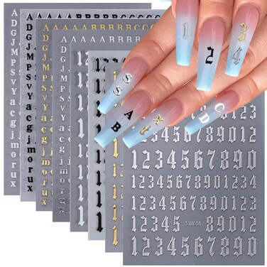 8 Sheets English Alphabet Number Nail Art Stickers Letters Nail Decals Black White Gold Silver Alphabet Nail Design Colorful Nail Stickers 3D Self-Adhesive Nail Art Supplies for Women Girls DIY Nails