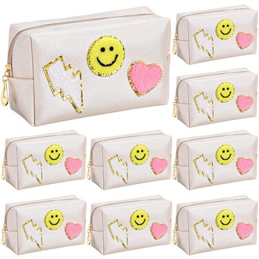 Chunful 9 Pieces Preppy Patch Makeup Bag Chenille Letters Cosmetic Bag Pu Leather Portable Waterproof Toiletry Bag Travel Makeup Bag for Women Christmas Gifts(Gold,Smile, Lightning, Heart)