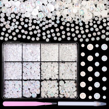 White Beige AB Flatback Pearls for Crafting, 3D Half Round Pearls Nail Art Charms, 2-8 mm Pearls Nail Art Jewels Nail Art Studs Charms for Nail Supplies with Pickup Pencil and Tweezer