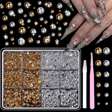 Silver Gold Flatback Pearls for Crafting, 3D Half Round Metal Nail Beads, Nail Art Beads for Crafts, 2-8 mm Pearls Nails Art Jewels Nail Art Studs for Nail Supplies with Pickup Pencil and Tweezer